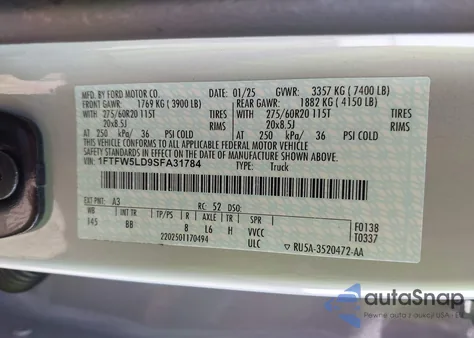 2025 Ford F-150 Lariat from USA, damaged, VIN 1FTFW5LD9SFA31784